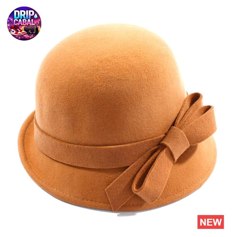 Wool Felt Fedora Hat with Bow Adjustable Drawstring Winter Church